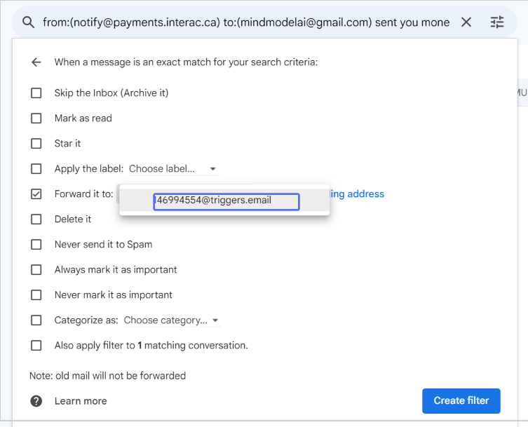 Image highlighting the task: check the "Forward it to" checkbox and specify the trigger email that we setup earlier.