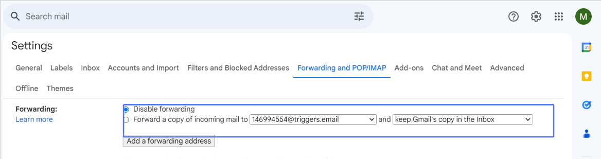 Image highlighting the task: Once verified, you can see the email showing up as a forwarding option. Please note that this is disabled by default. Keep it disabled as we only need very specific emails to be forwarded for our automation use cases.