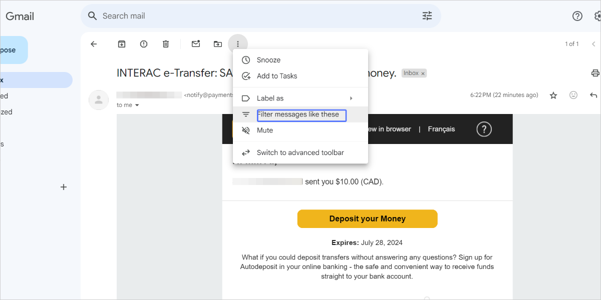 Image highlighting the task: To forward a specific type of email, first find an example of such an email. With the email open, click the three dots in the task bar and click "Filter messages like these"
